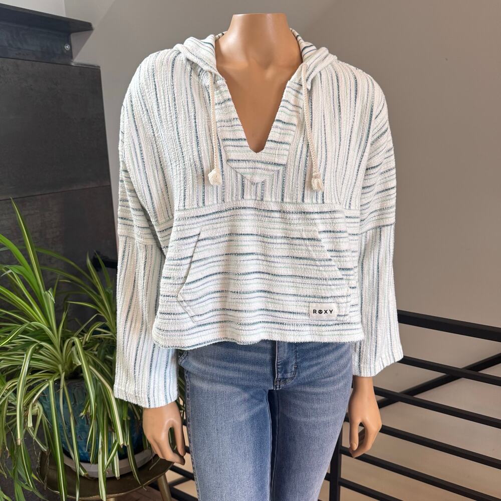 Roxy Rich Coast Stripe Poncho Hoodie Pullover Small S Beachy Coastal Slub Surf